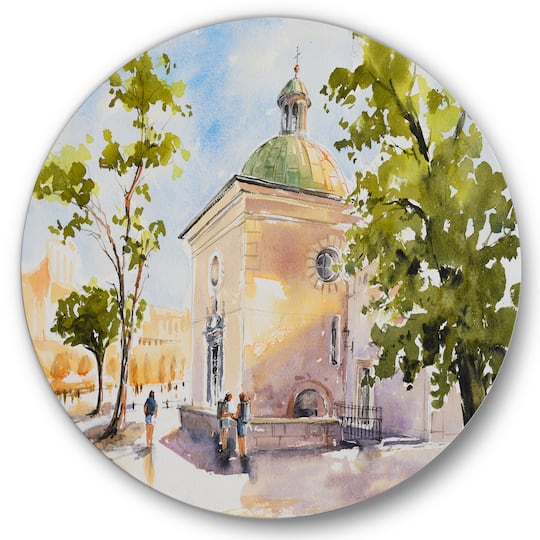 Designart - Rustic Church In The Village - Country Metal Circle Wall Art